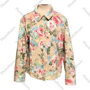 The Vermont Country Store Floral Stretch Jacket Tan Pink Green Womens Large